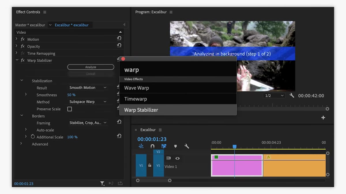 Excalibur search bar overlaid on Premiere Pro timeline