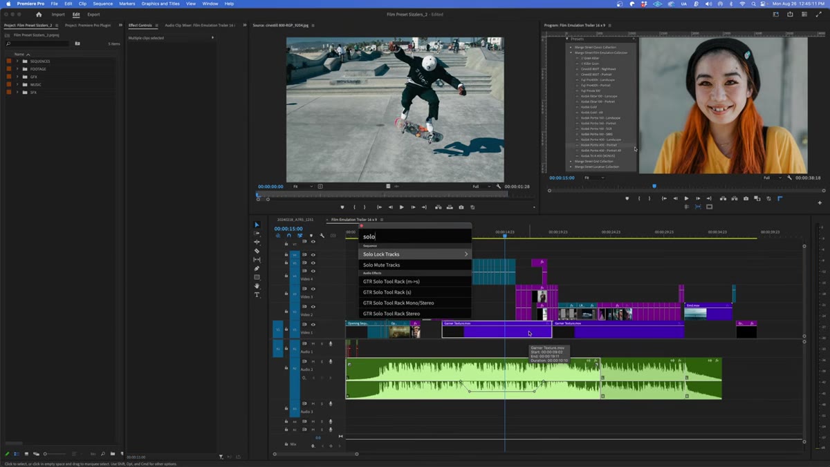 Excalibur solo command applied to selected video and audio tracks