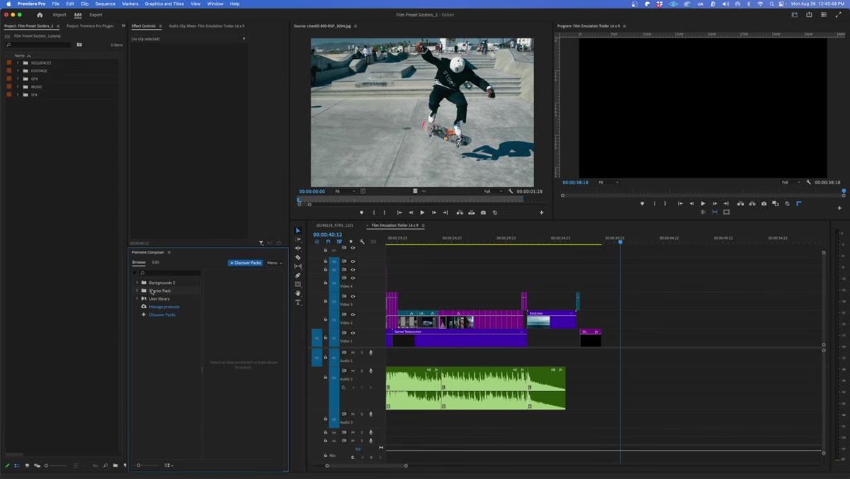 Premiere Composer panel showing animated background templates