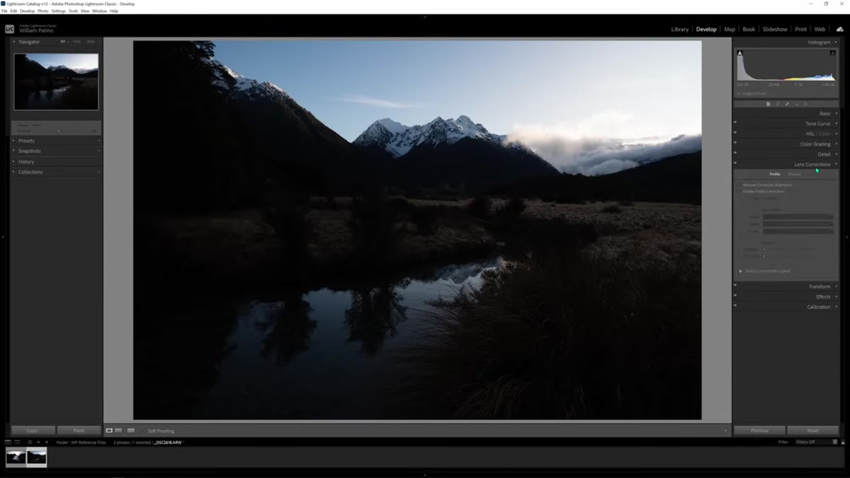 Lens Correction panel open with profile correction enabled