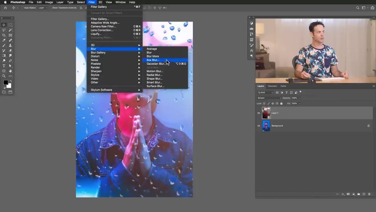 Box Blur dialog open with texture layer visible behind it