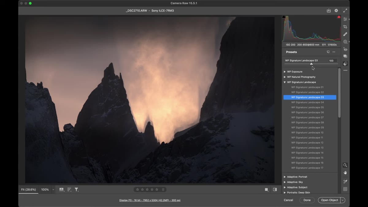 Masking panel showing AI-generated subject mask over mountain