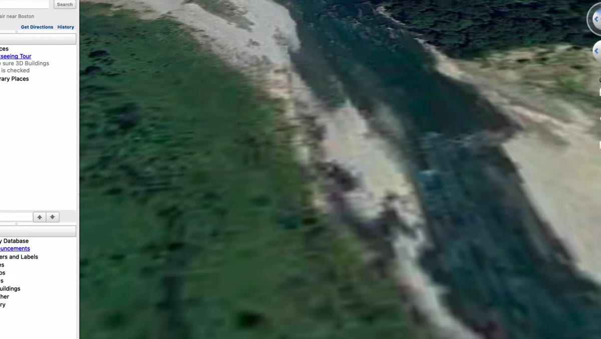 Topo view tilted showing waterfall, peak, and river bend alignment
