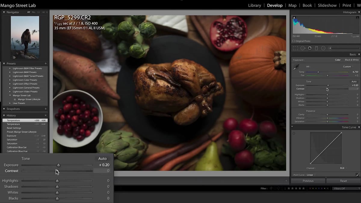 Contrast, highlights, shadows, whites, and blacks sliders set