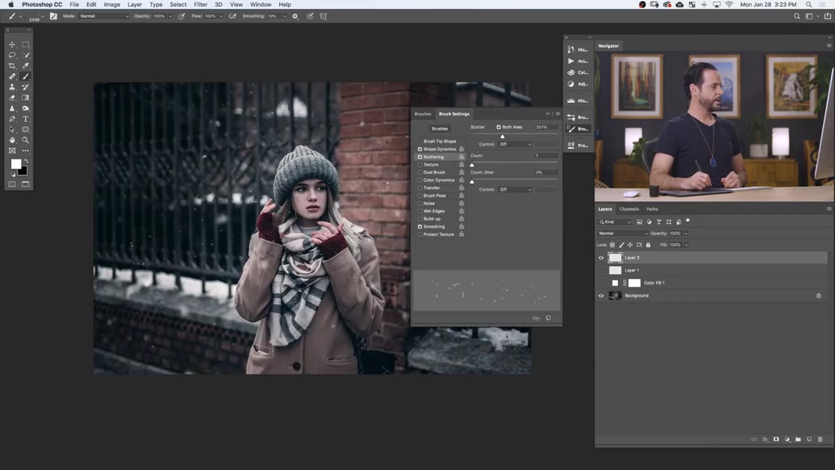 Painting white snow particles on a dark background layer