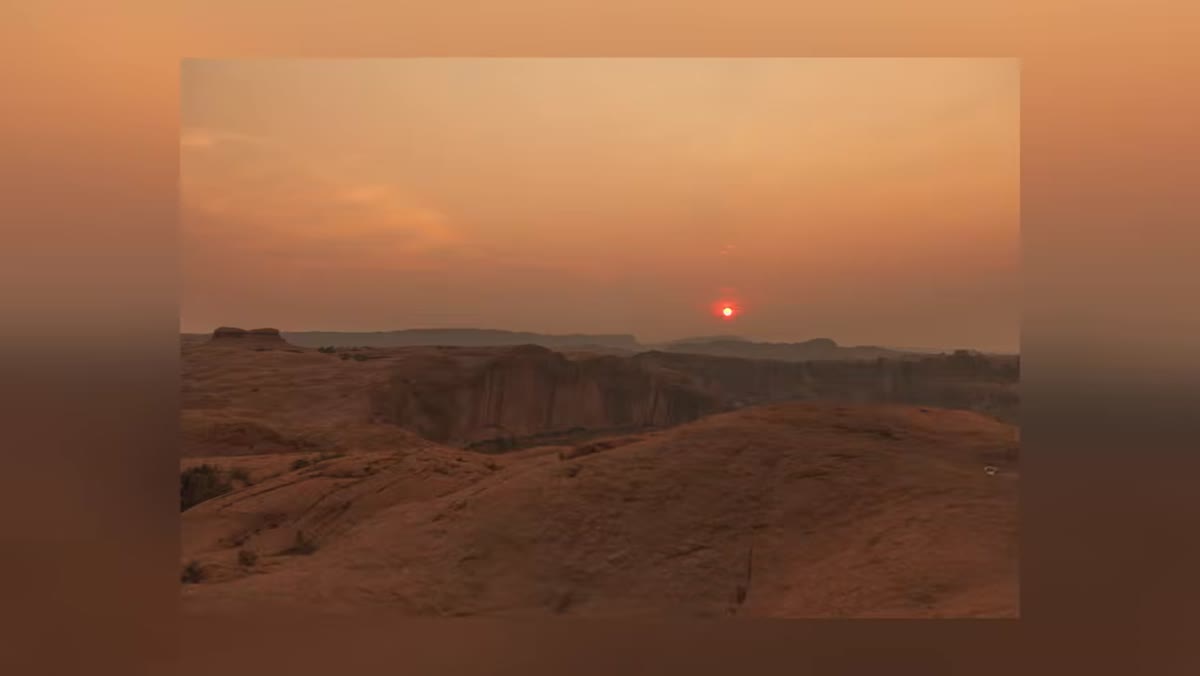 Three Utah landscape photographs being aligned in Photoshop