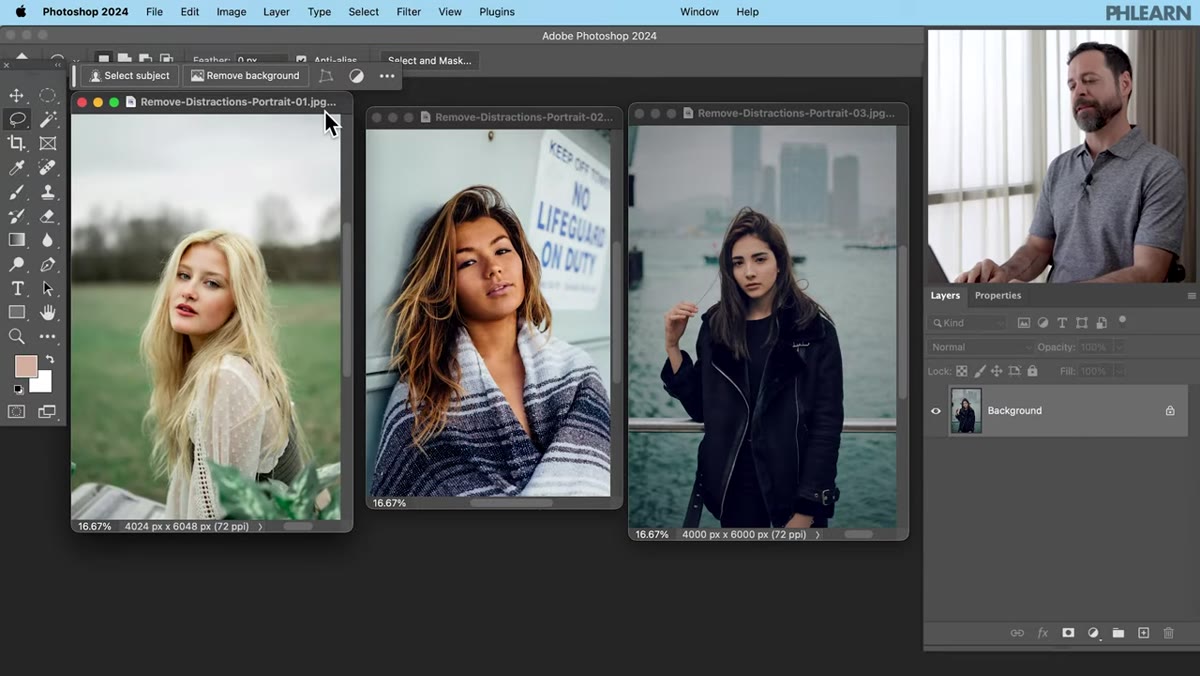 Three portrait images open in Photoshop workspace