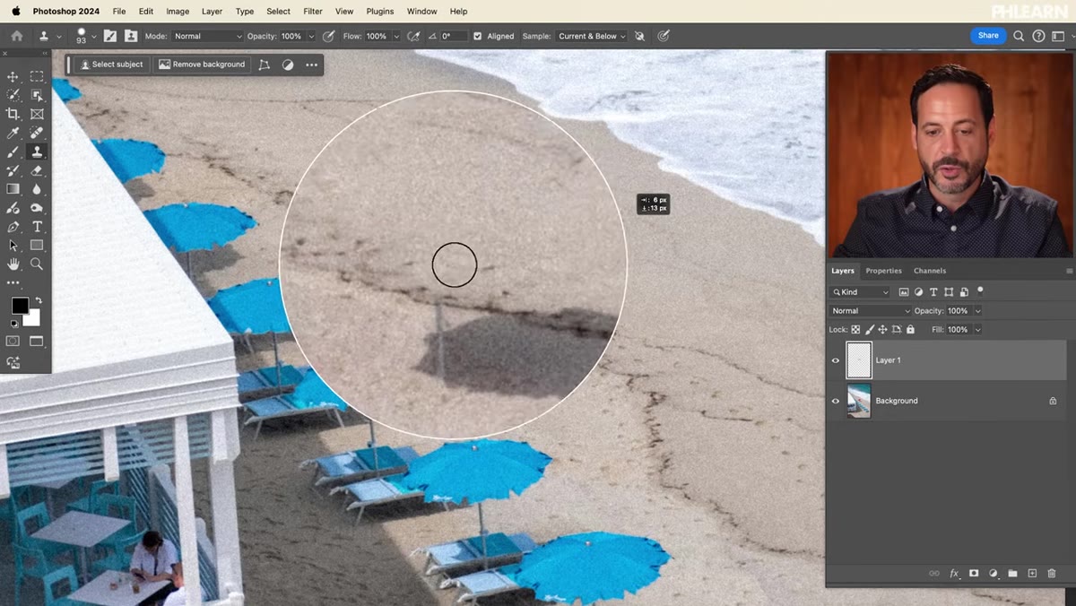 Attempting to clone stamp over complex background with multiple people