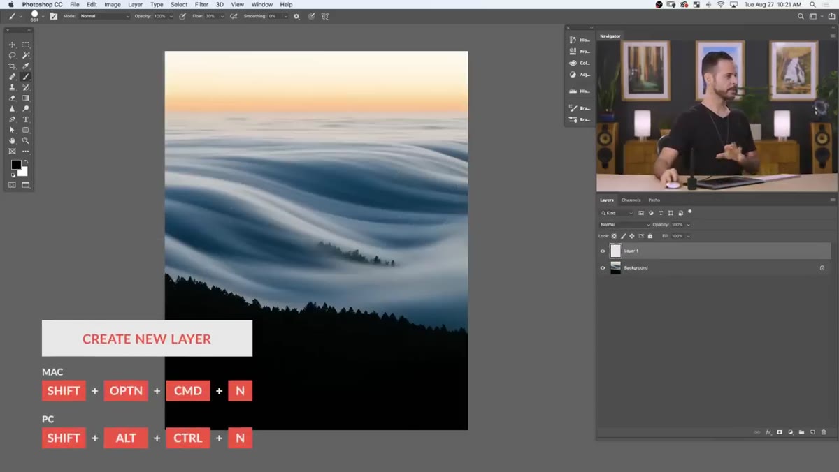 caption: New blank layer added above the landscape image