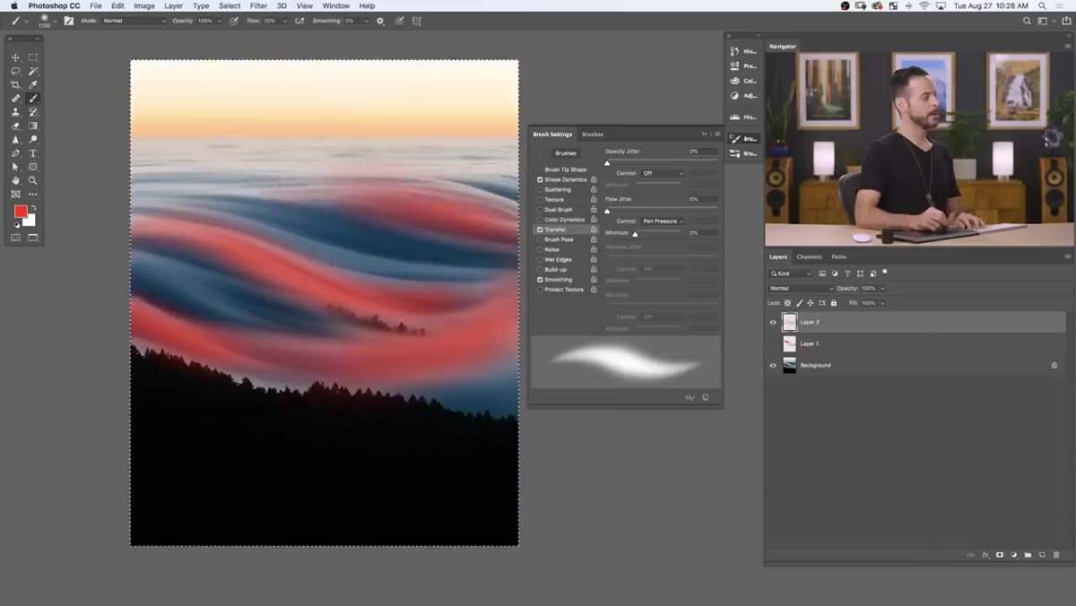 caption: Painting light strokes over mountain fog with custom brush