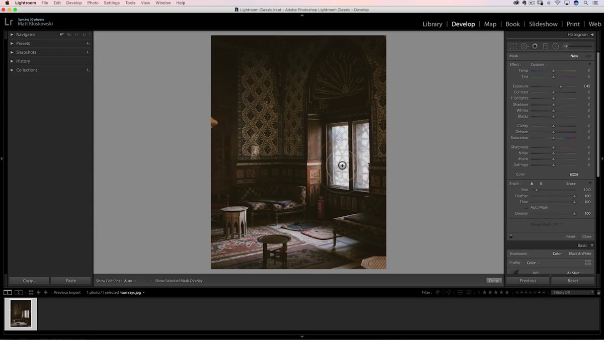 Adjustment brush selected with exposure cranked up in panel