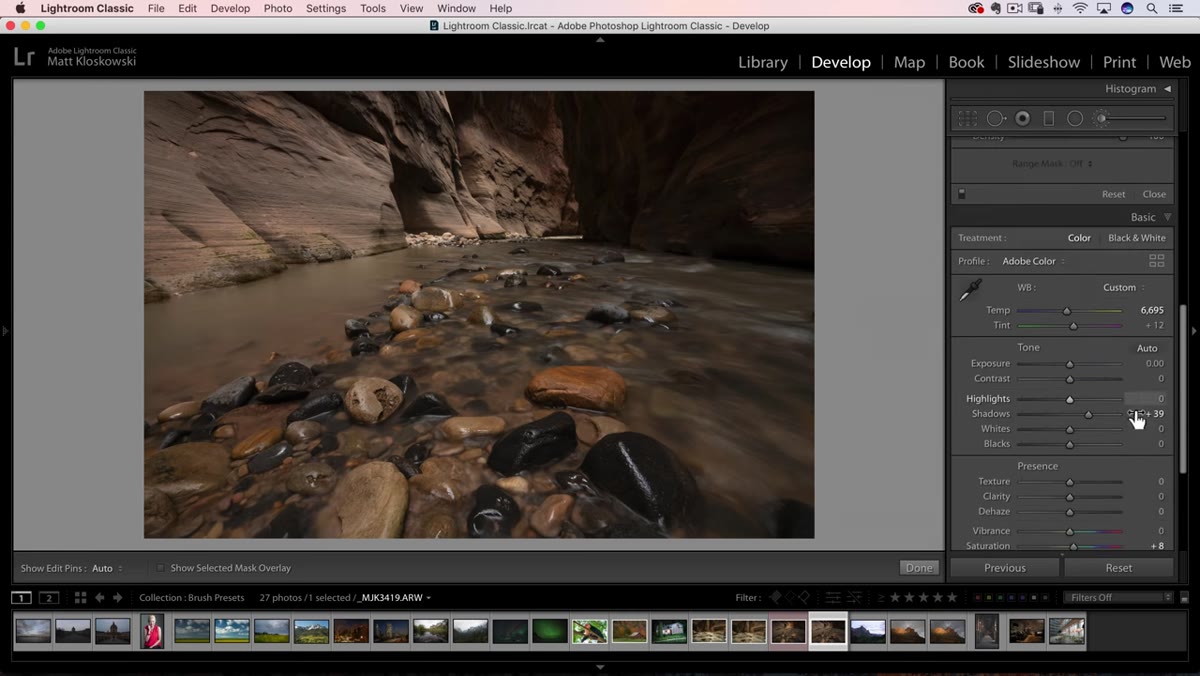 Basic panel open with Shadows and Highlights sliders visible