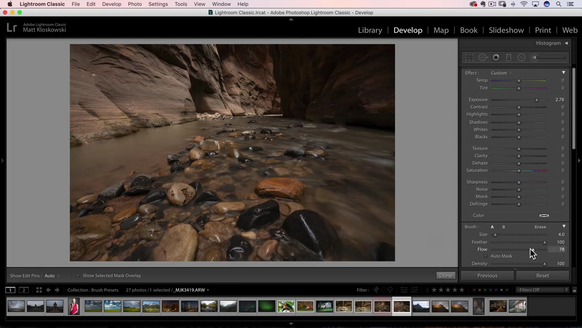 Brush set to 40% flow, painting selectively over a dark region