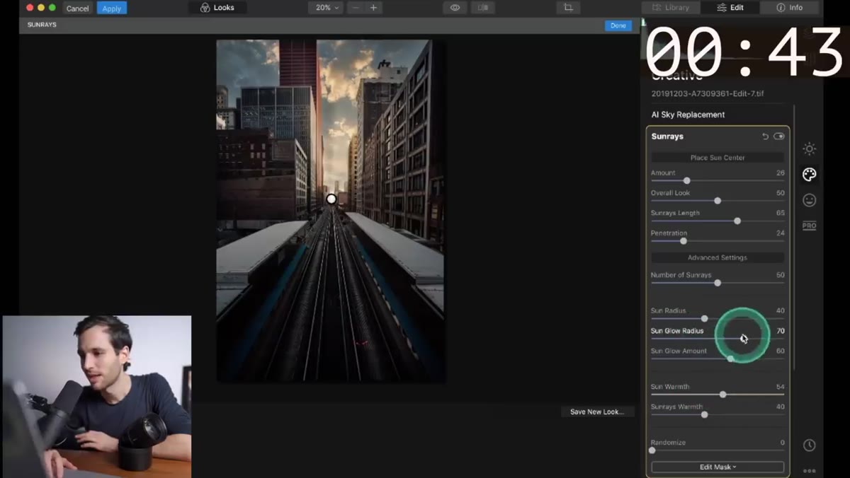 Glow and warmth sliders being increased in the sun rays panel