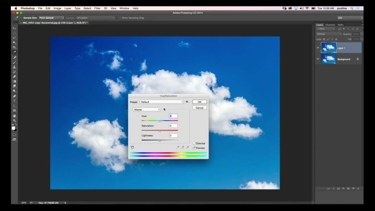 Hue/Saturation dialog with saturation dragged to zero