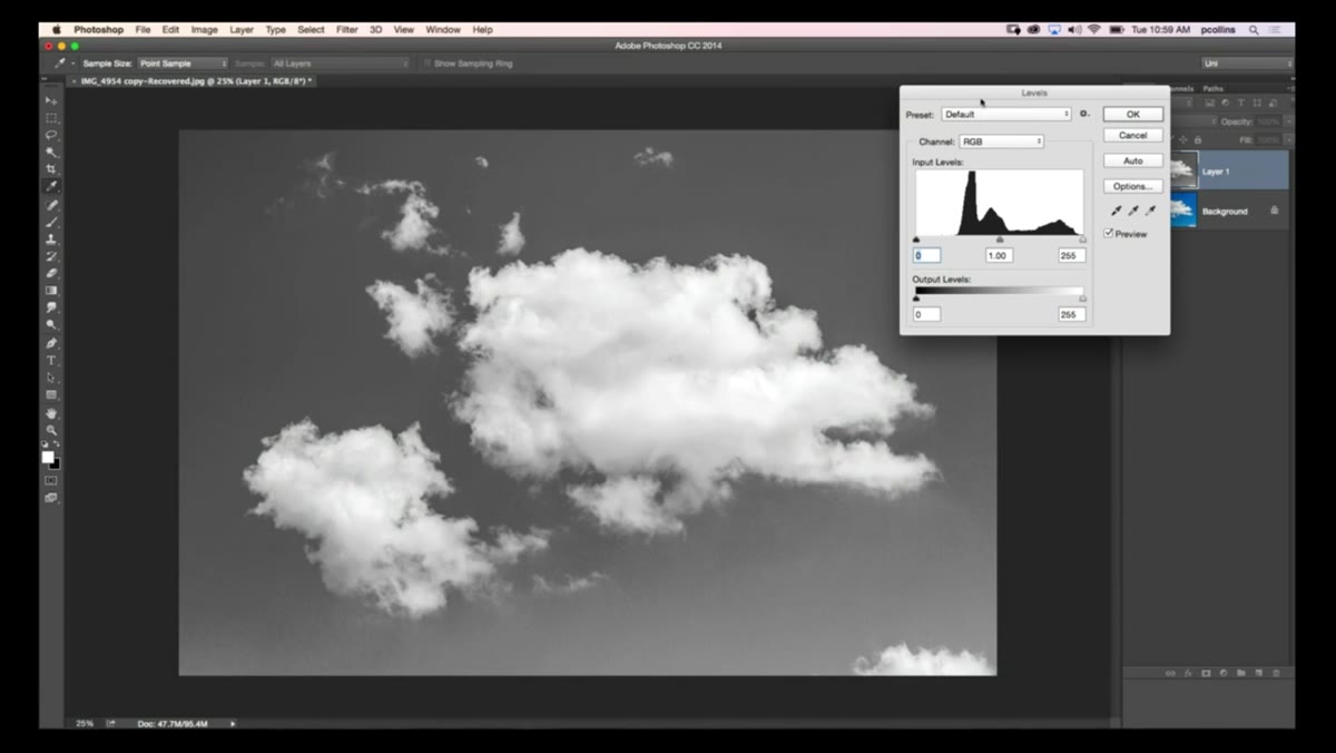 Levels panel with black slider pushed right toward midtones