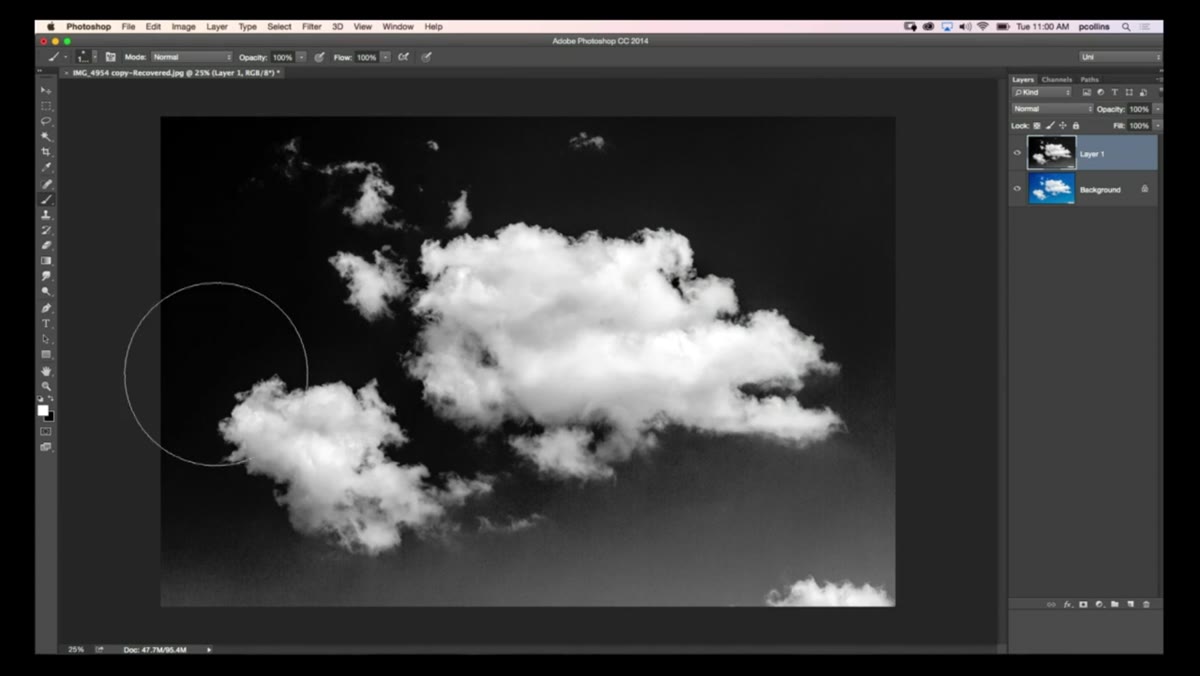 Large soft brush in Overlay mode painting over gray areas