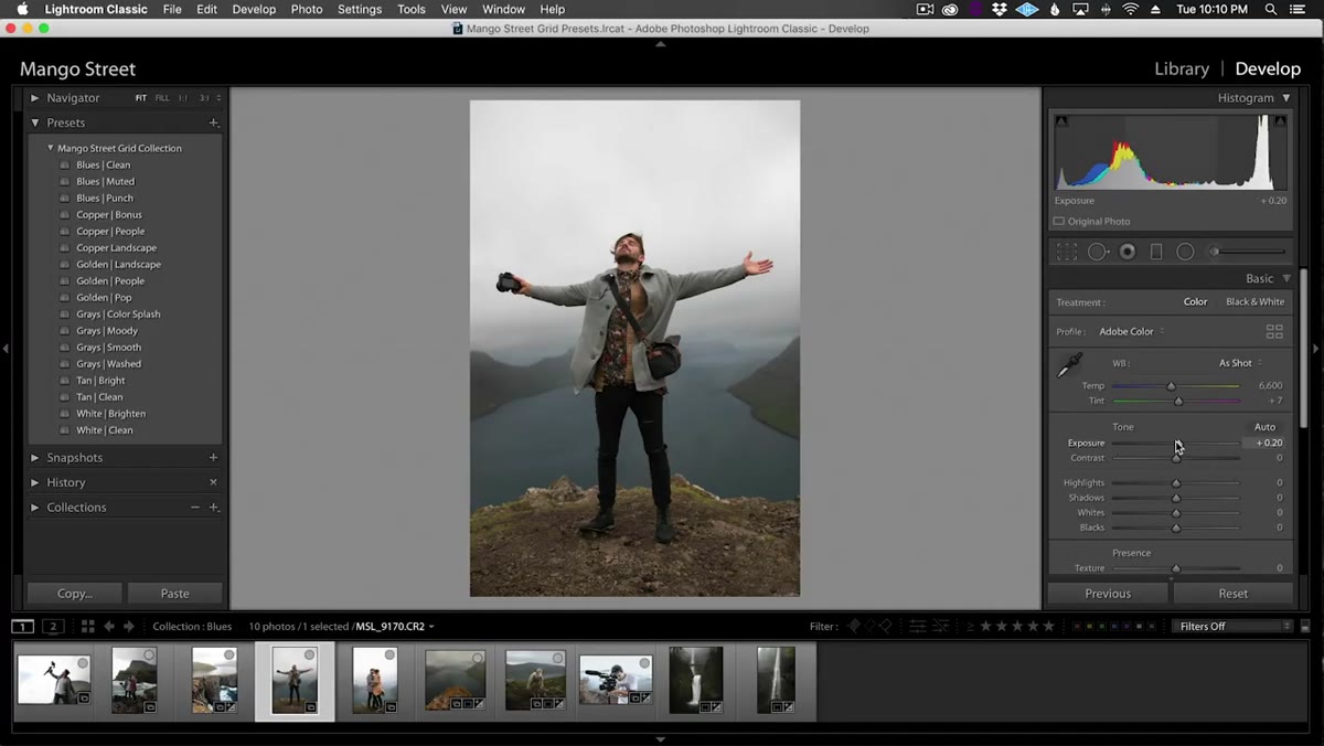 Adjusting white balance and exposure sliders before applying preset