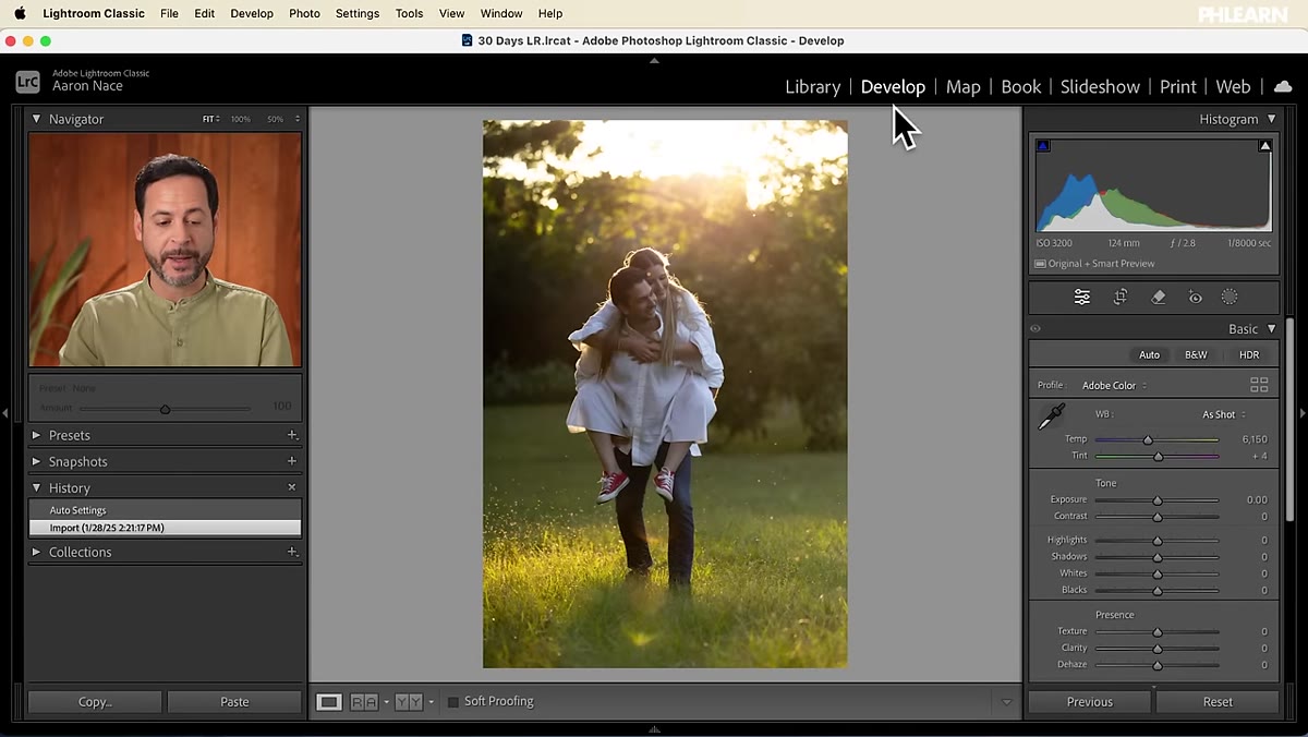 Develop module open with History and Presets panels visible