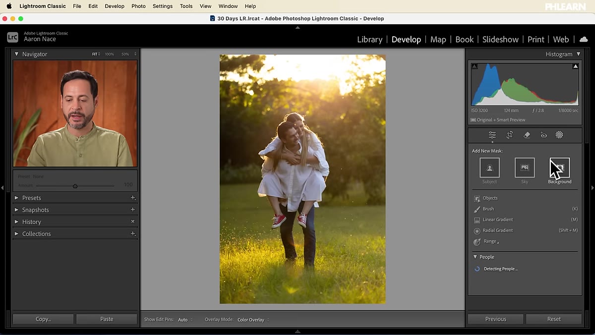 Masking panel open with radial gradient drawn from top of frame