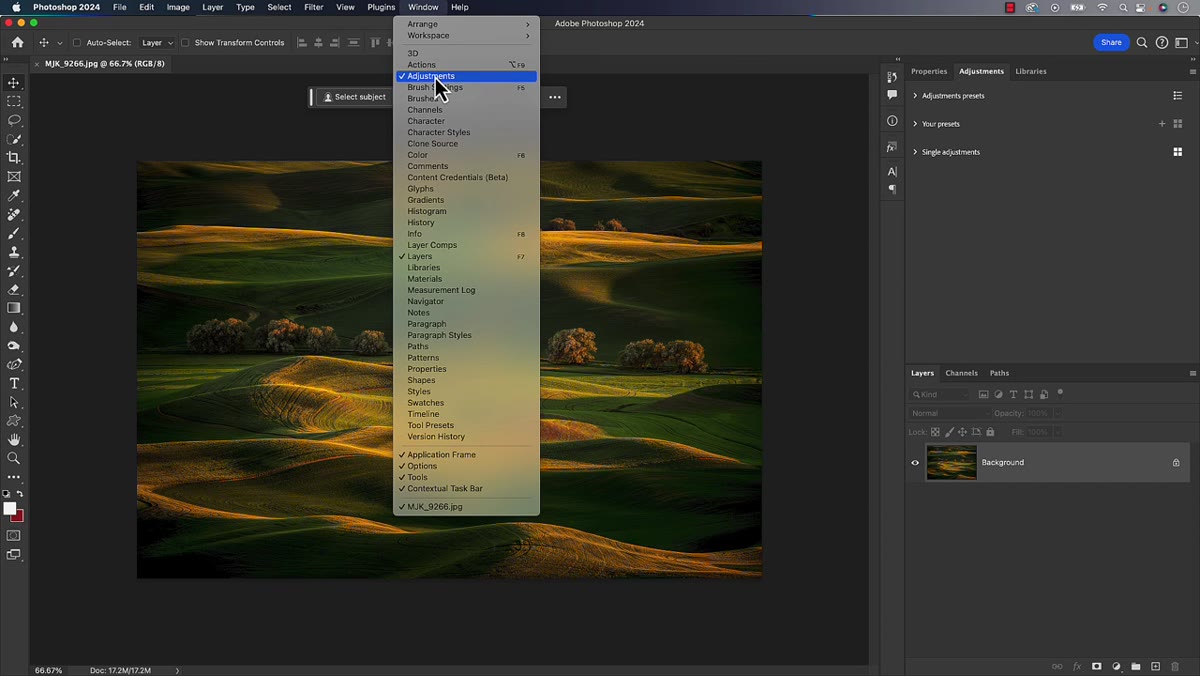 Window menu open with Adjustments panel highlighted