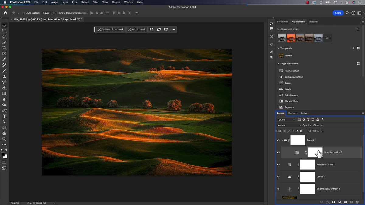 Preset applied to image showing new adjustment layer folder