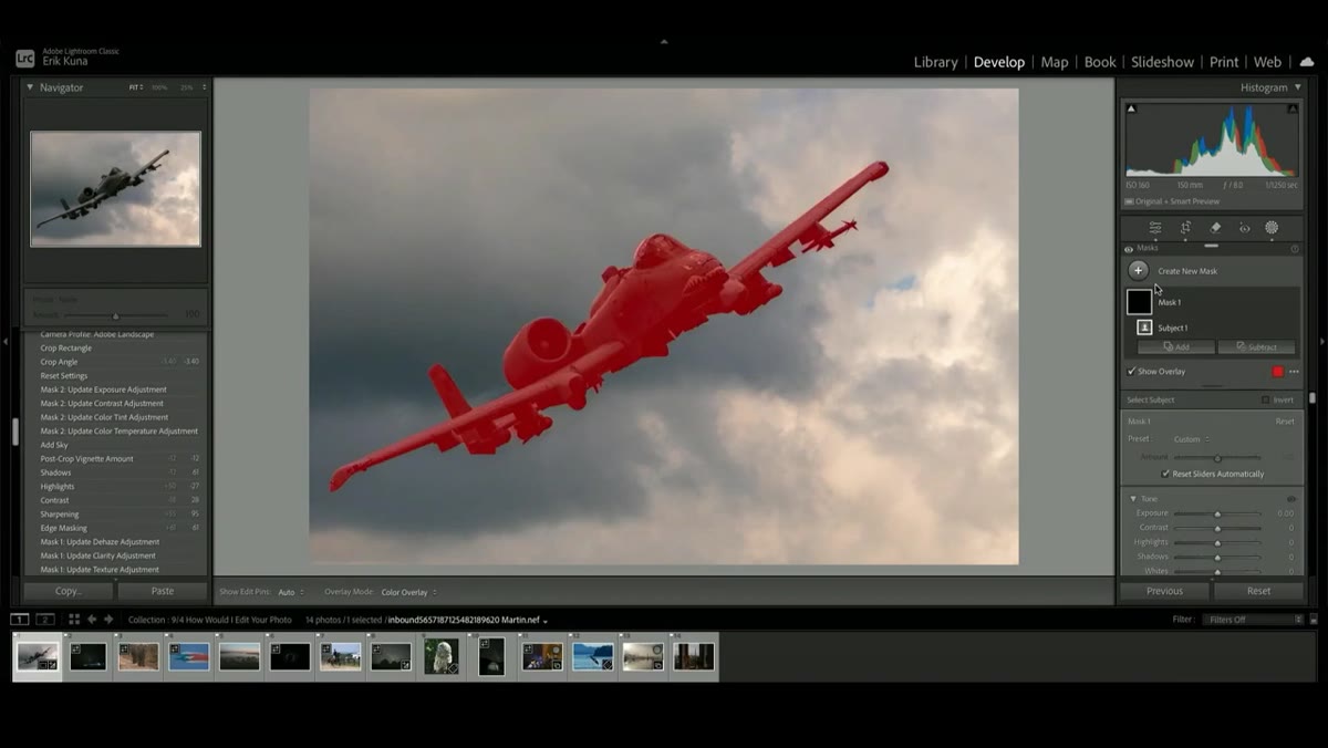 Select Subject mask active, exposure and clarity raised on plane
