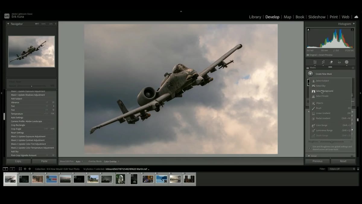 Select Background mask active, exposure lowered, temperature cooled
