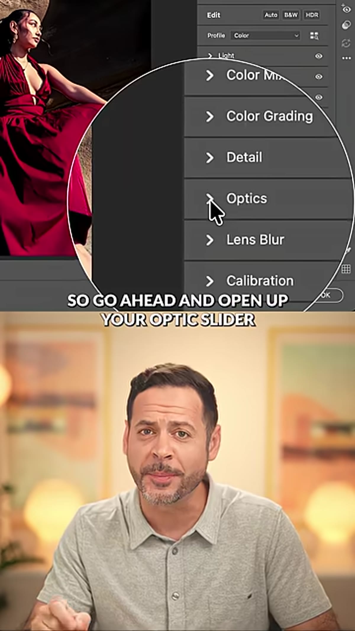 Camera Raw Optics panel with Vignetting slider pulled right