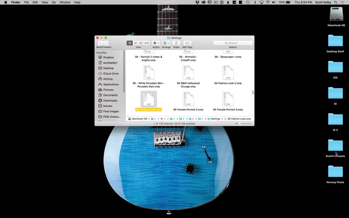Desktop folder containing copied preset XMP files