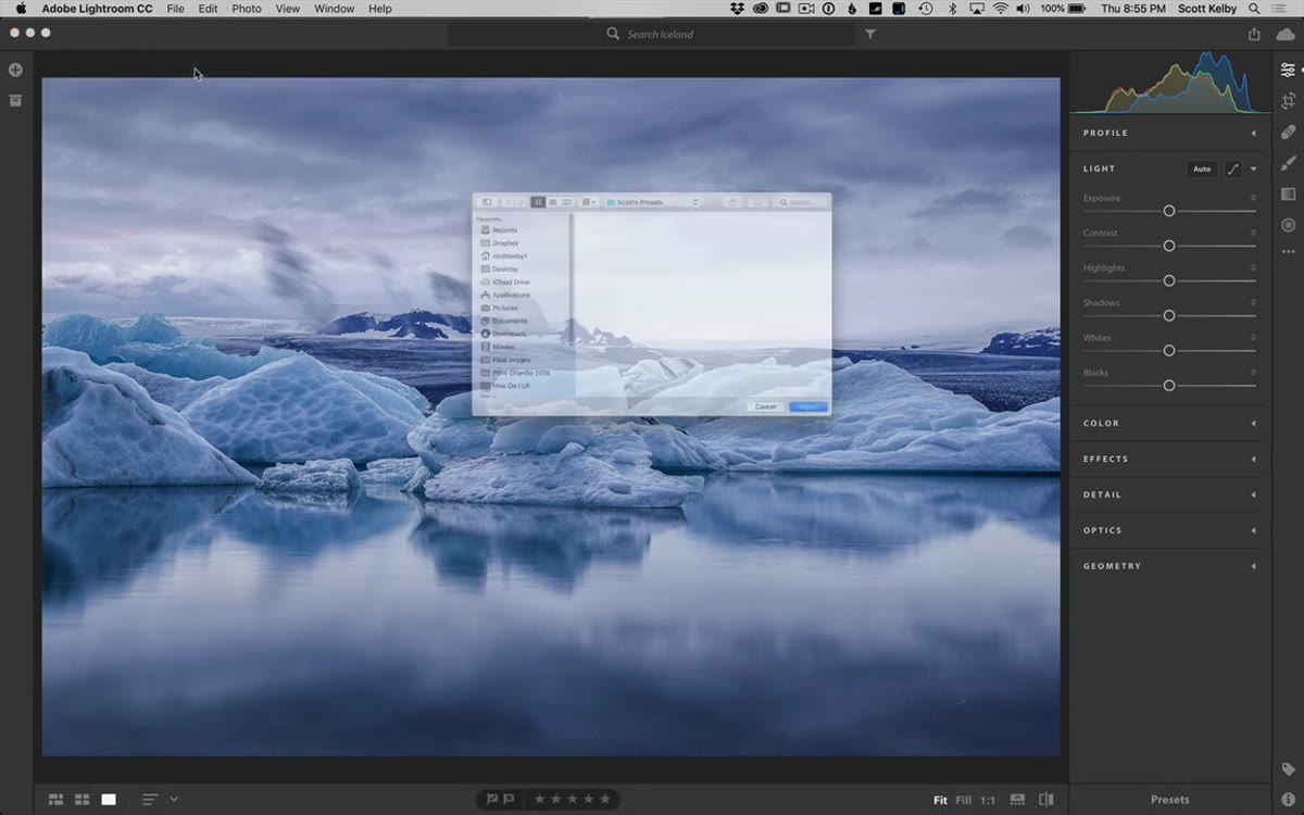 File menu open in Lightroom CC showing import profiles and presets option