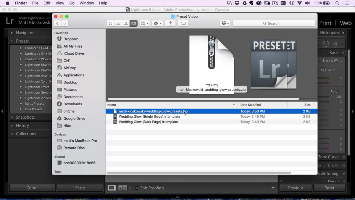 Zip file and extracted LR template files shown side by side