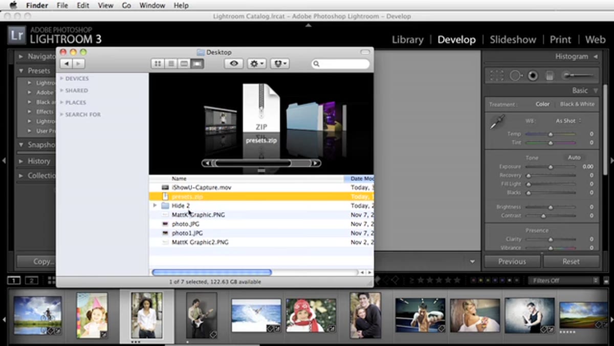 Zip file and unzipped preset folder side by side in Finder