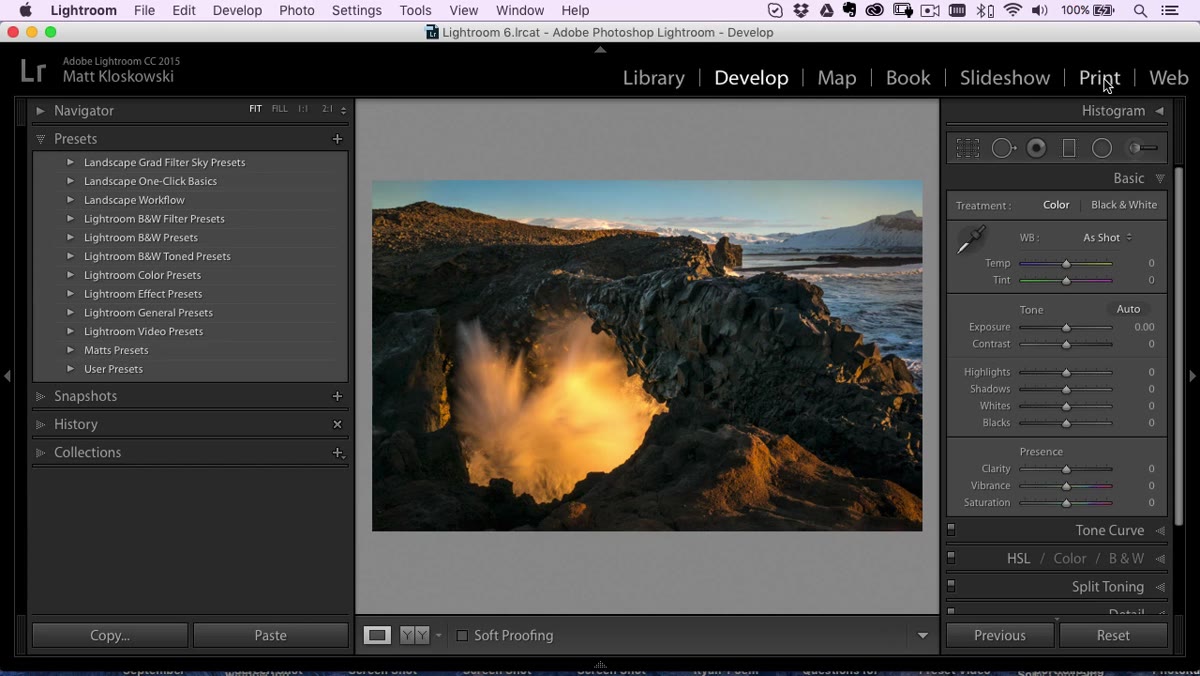 Lightroom Develop module with Presets panel open on the left
