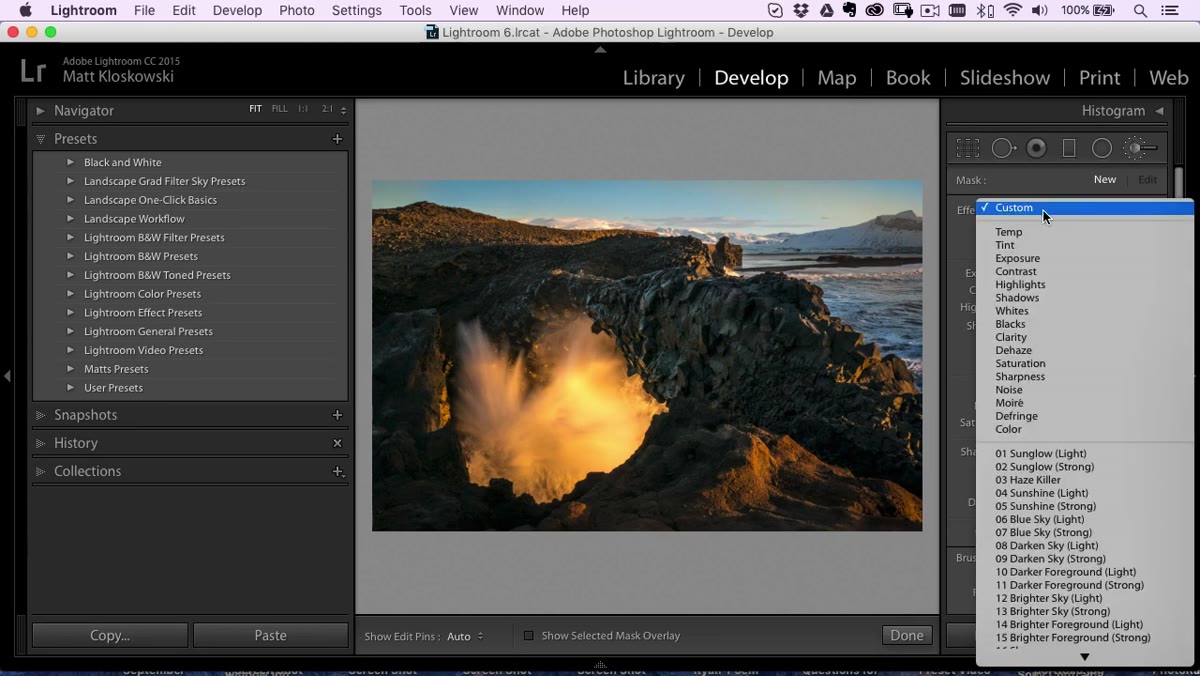 Effect settings panel open showing brush preset options