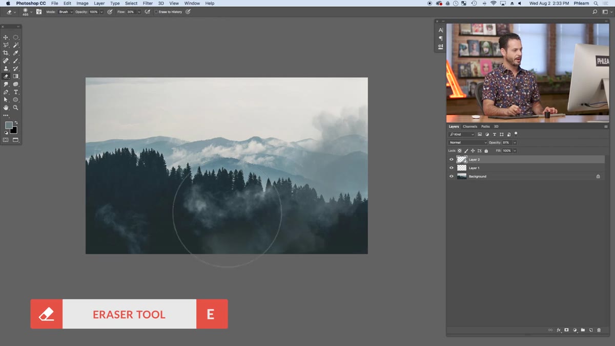 Eraser tool active with smoke brush selected in brush picker