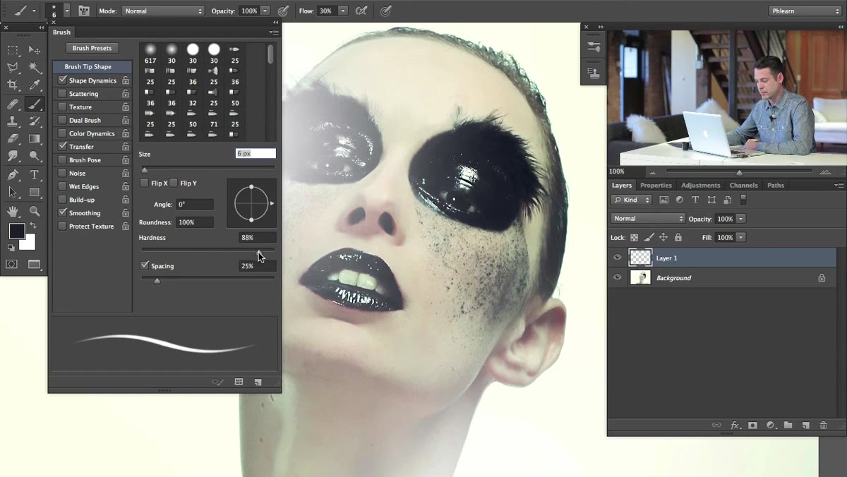 Brush tip shape options visible in Brush Settings panel