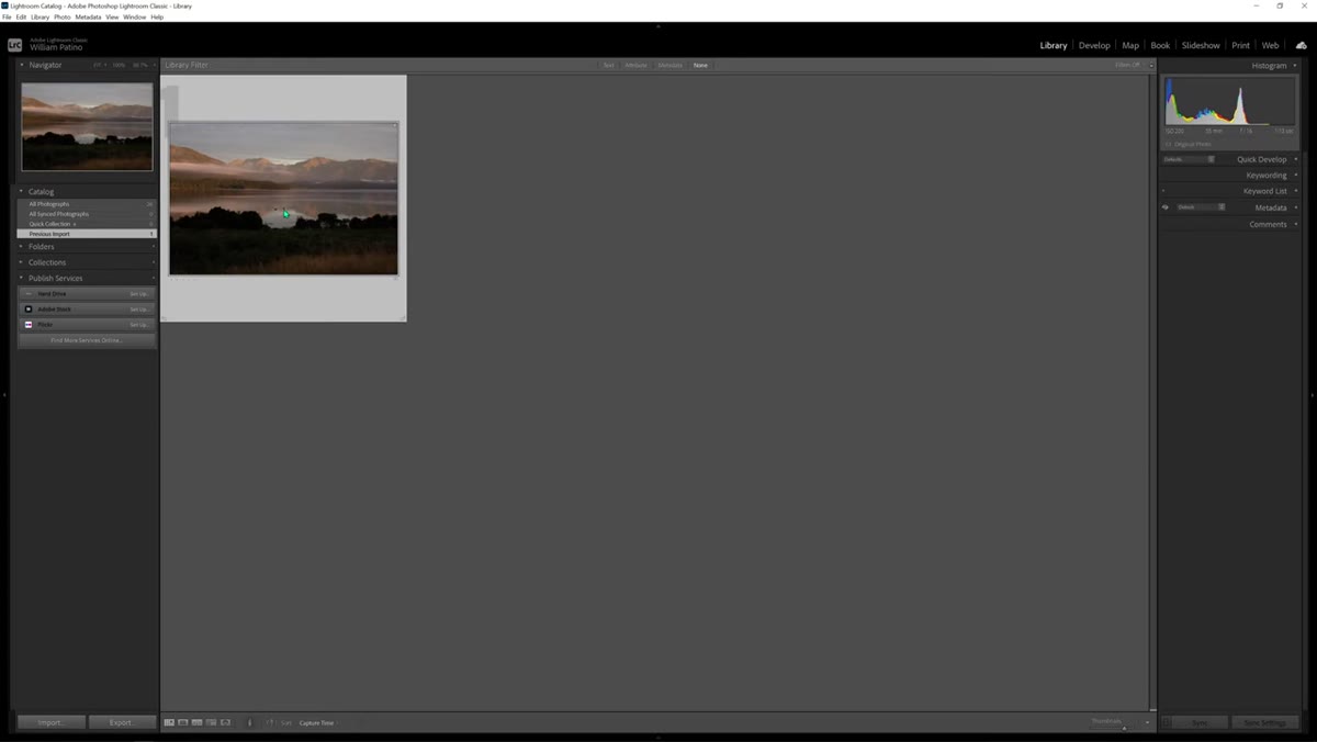 Lightroom Develop module open with a raw landscape file