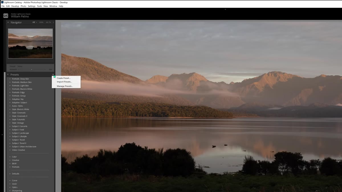 Lightroom presets panel with plus icon highlighted