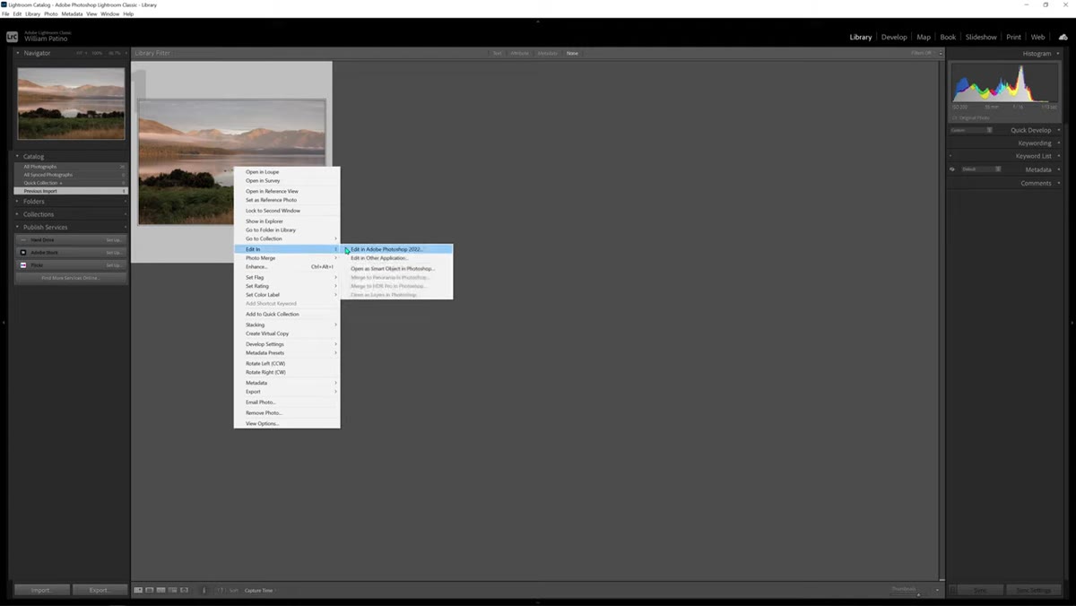 Lightroom right-click menu showing Edit in Photoshop as Smart Object option