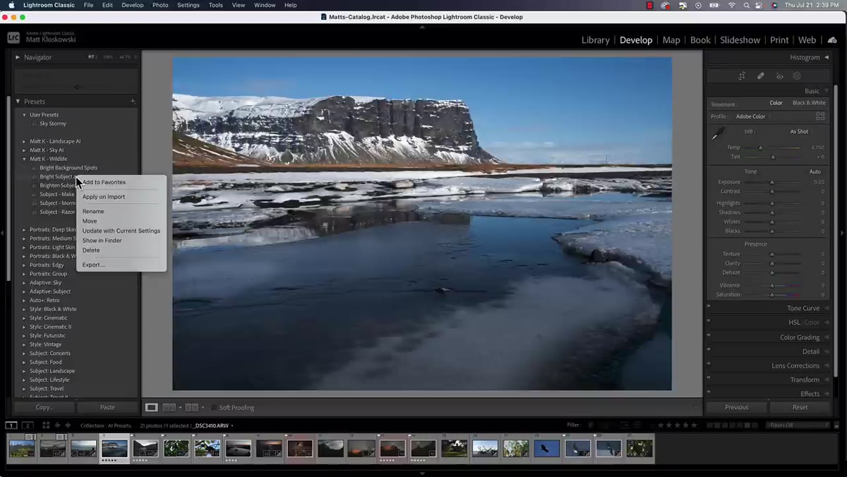Right-click context menu showing Move option for a preset