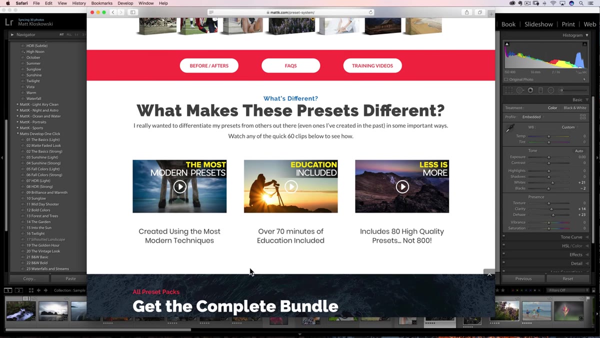 Webpage showing preset bundle designed for later versions of Lightroom Classic