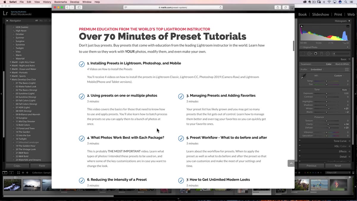 Preset bundle page showing video education alongside before and after examples