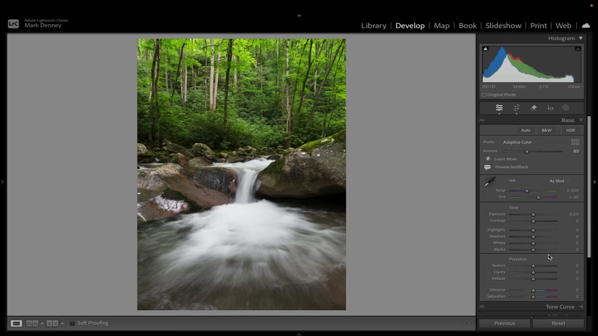 Sliders panel showing all values unchanged after Adaptive Color profile is applied