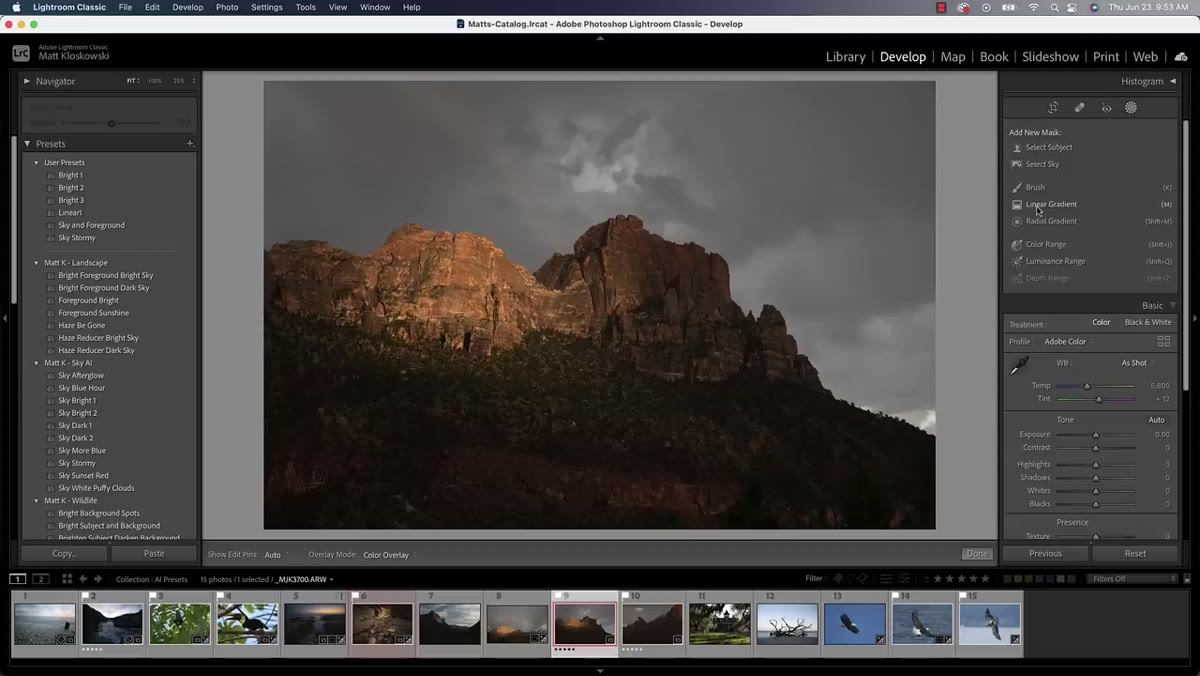 AI-powered sky selection active in Lightroom masking panel