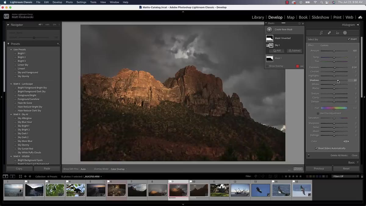 Foreground mask selected with exposure and shadow adjustments visible