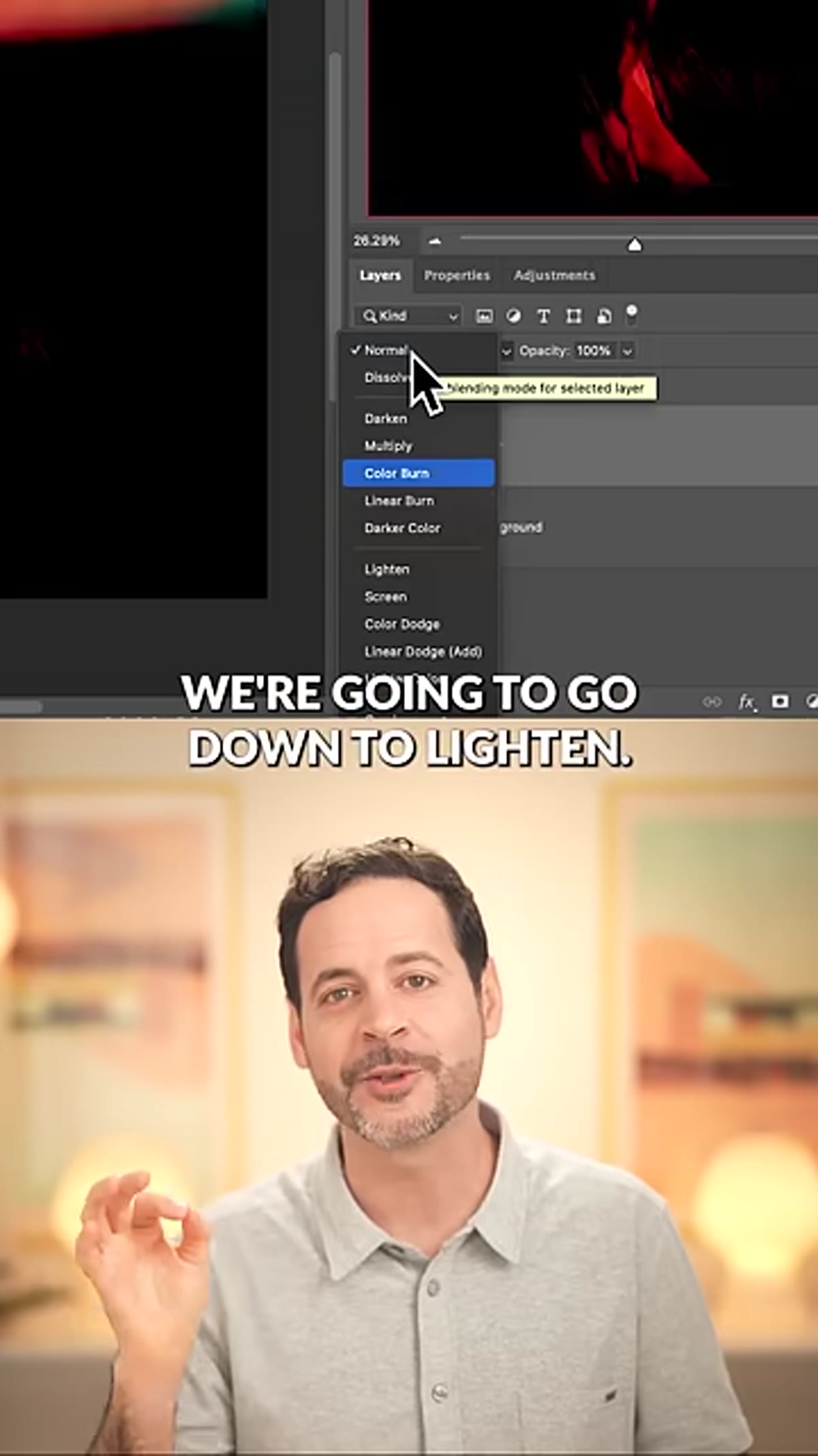 Blend mode dropdown open with Lighten mode selected