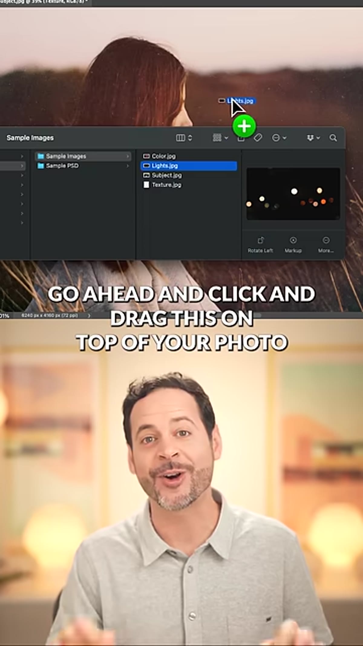 Lighting effects texture placed over photo with Screen blend mode