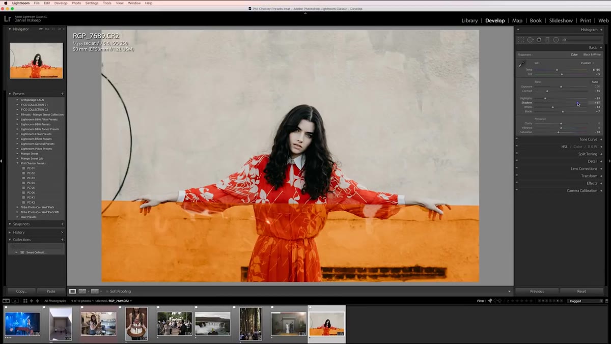 Highlights and shadows sliders adjusted in Lightroom panels