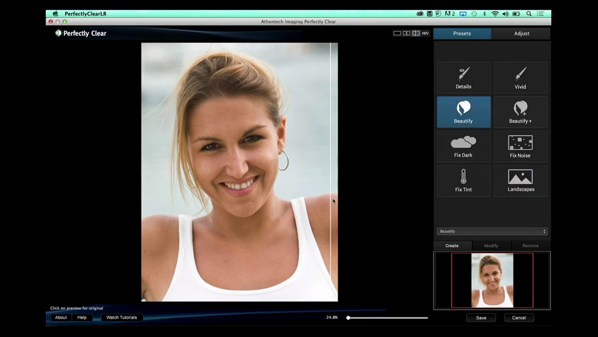 Beautify preset button being clicked with portrait image loaded